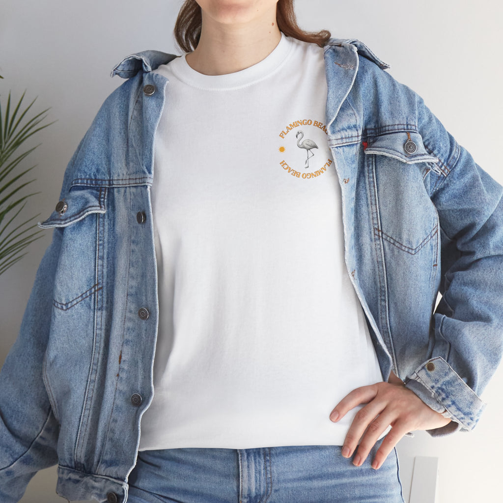 Flamingo Beach Graphic Tee — Retro Palm Tree & Surfboard Shirt