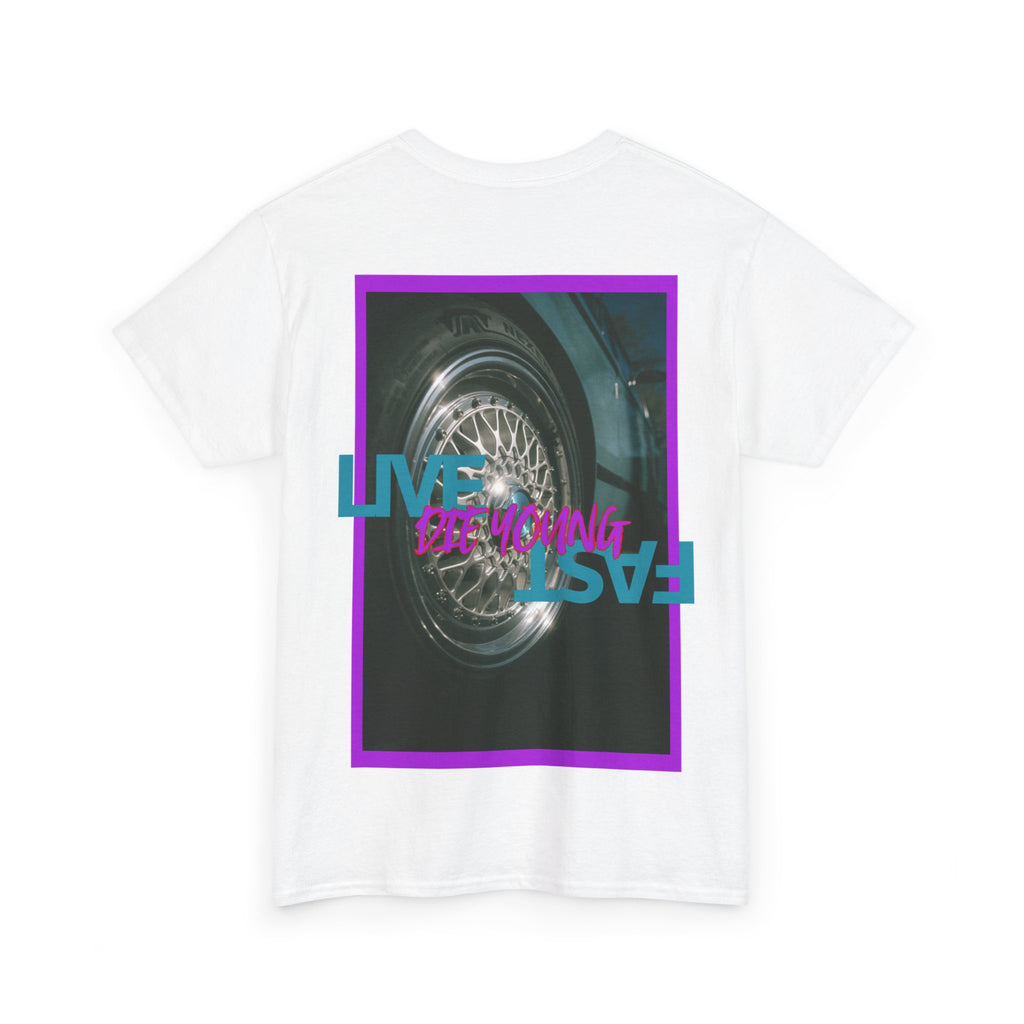 T-Shirt — Retro Wheel Photo "Live Fast, Die Young" Graphic Tee