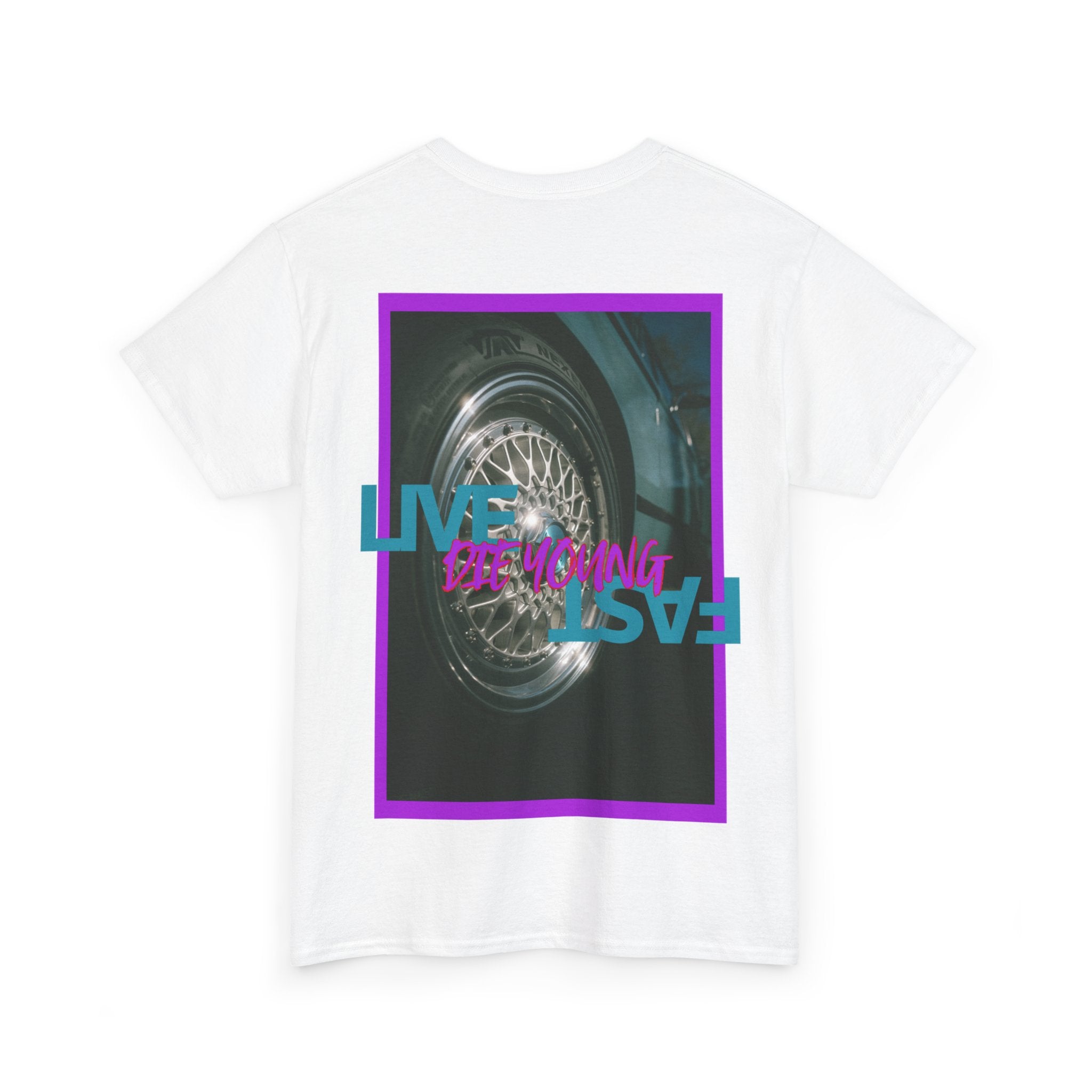 T-Shirt — Retro Wheel Photo "Live Fast, Die Young" Graphic Tee
