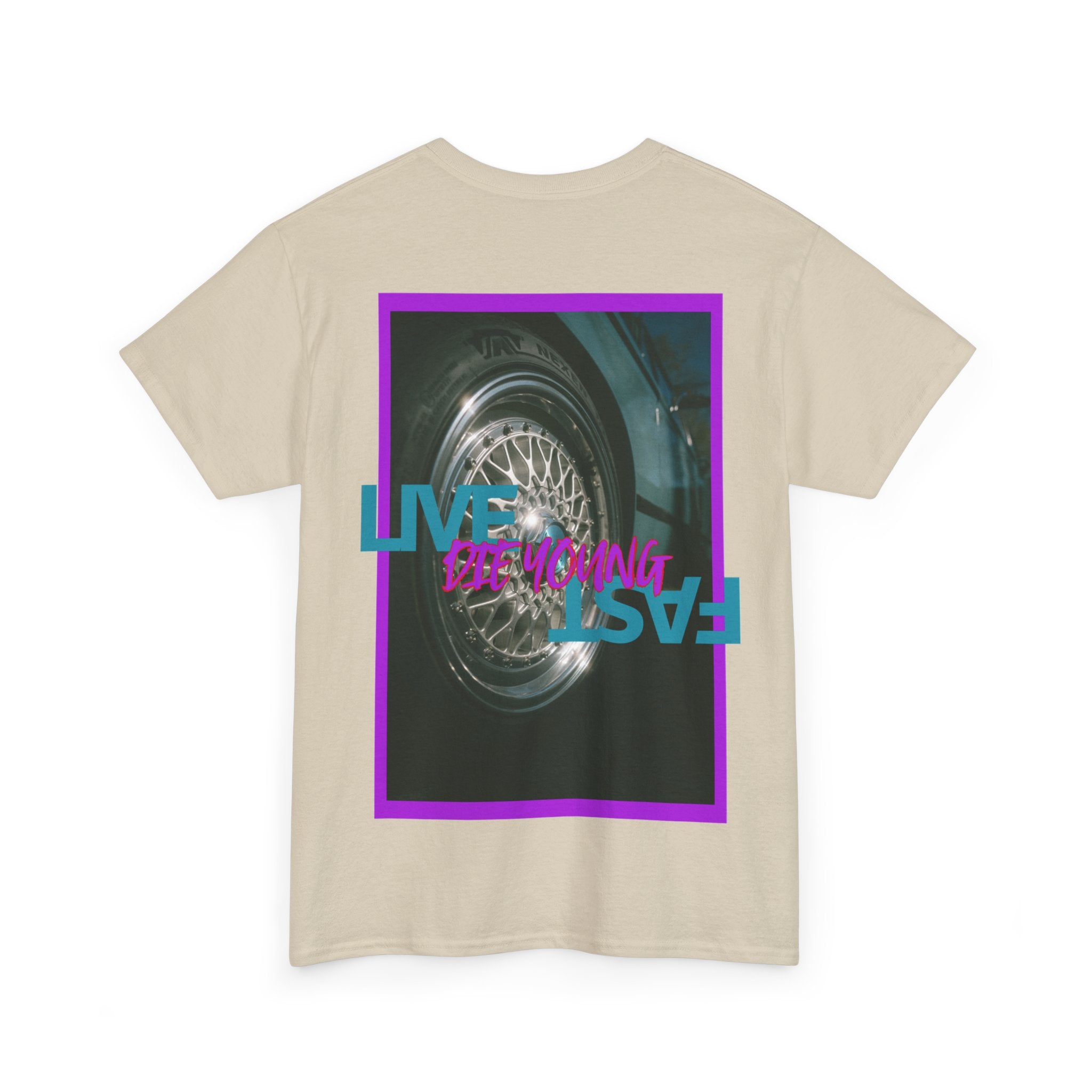 T-Shirt — Retro Wheel Photo "Live Fast, Die Young" Graphic Tee