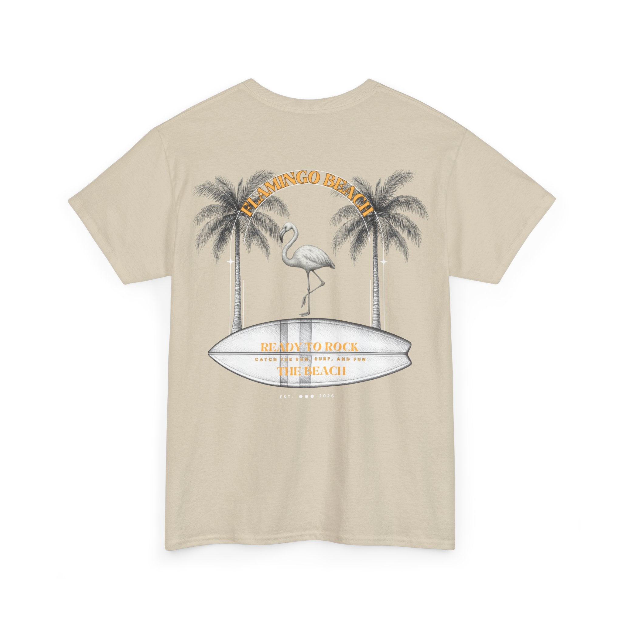 Flamingo Beach Graphic Tee — Retro Palm Tree & Surfboard Shirt