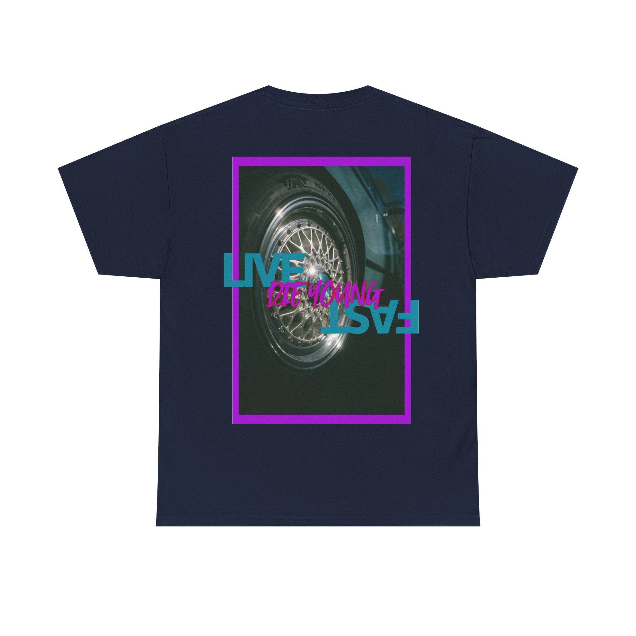 T-Shirt — Retro Wheel Photo "Live Fast, Die Young" Graphic Tee
