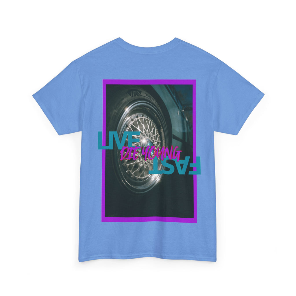 T-Shirt — Retro Wheel Photo "Live Fast, Die Young" Graphic Tee
