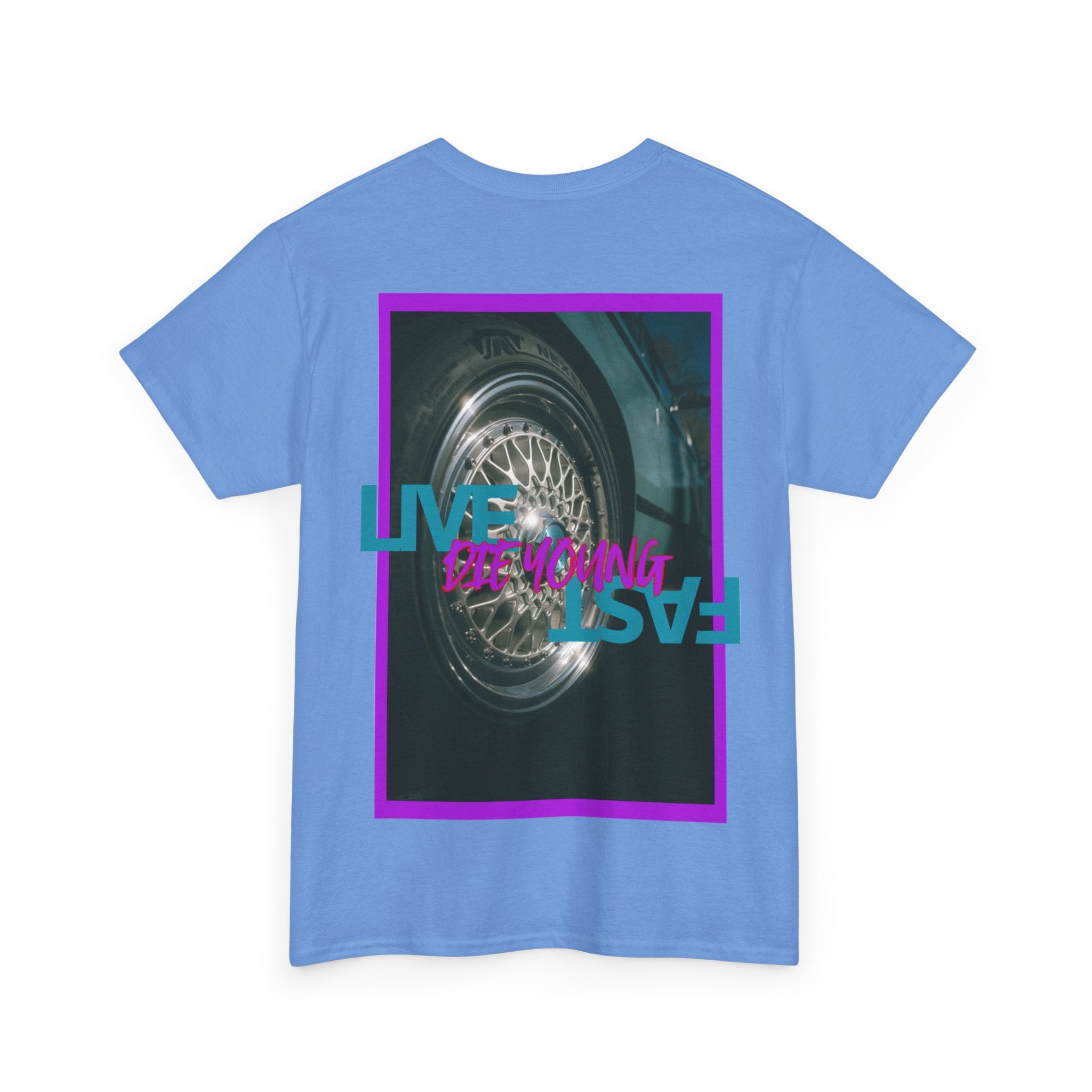 T-Shirt — Retro Wheel Photo "Live Fast, Die Young" Graphic Tee
