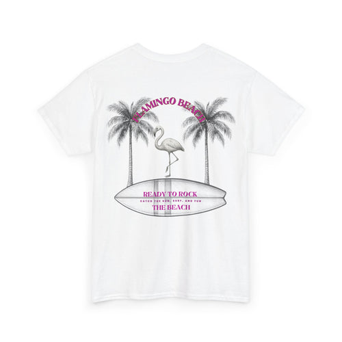 Flamingo Beach Tee – 'Ready to Rock the Beach' Tropical Palm Graphic
