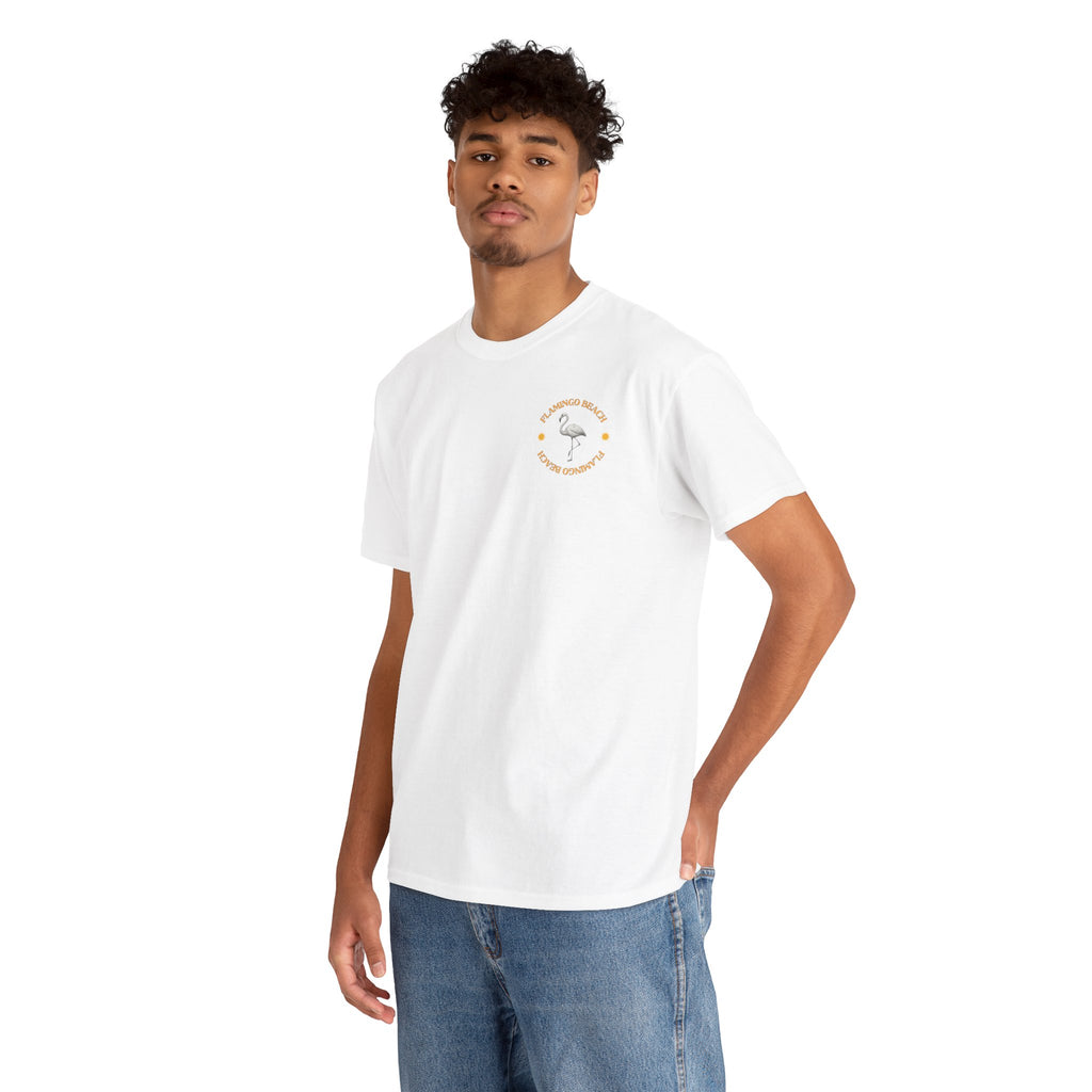 Flamingo Beach Graphic Tee — Retro Palm Tree & Surfboard Shirt