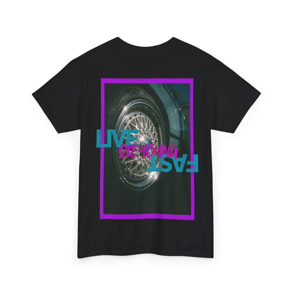 T-Shirt — Retro Wheel Photo "Live Fast, Die Young" Graphic Tee