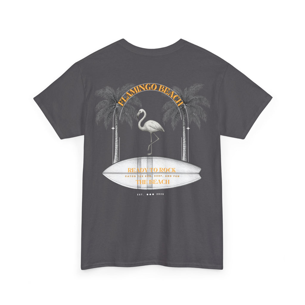 Flamingo Beach Graphic Tee — Retro Palm Tree & Surfboard Shirt
