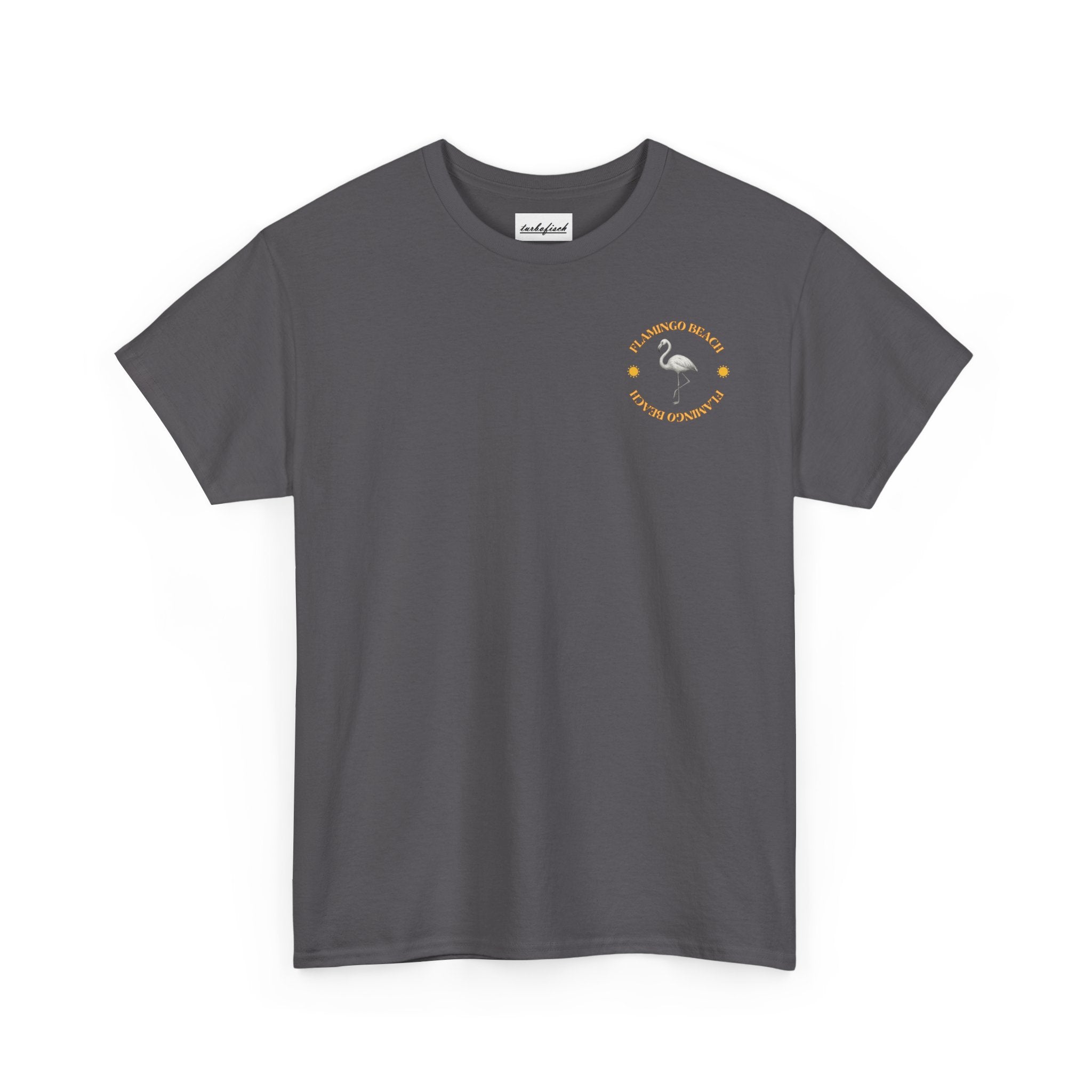 Flamingo Beach Graphic Tee — Retro Palm Tree & Surfboard Shirt