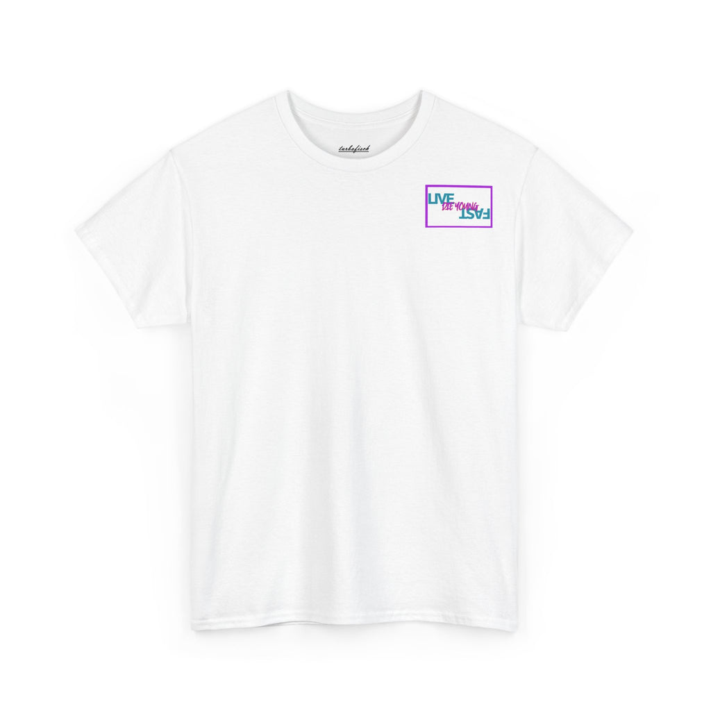 T-Shirt — Retro Wheel Photo "Live Fast, Die Young" Graphic Tee