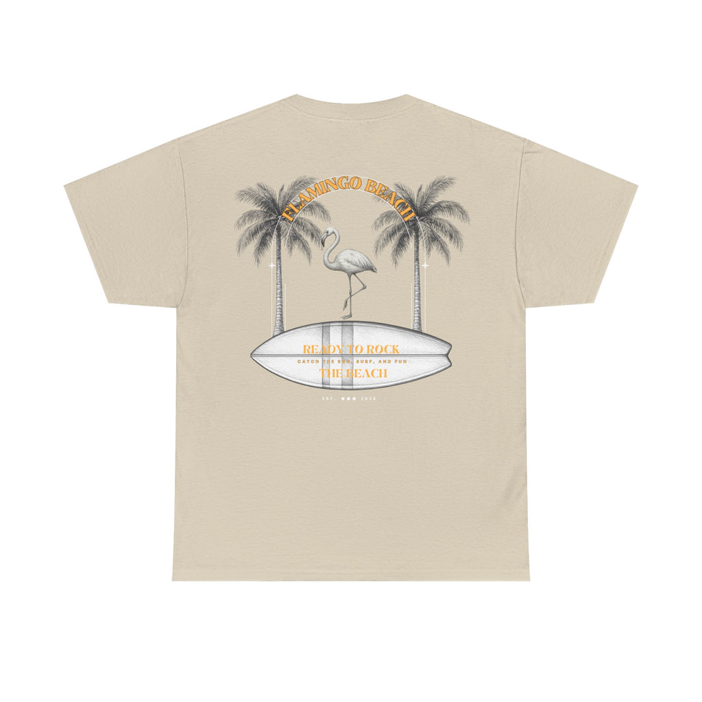 Flamingo Beach Graphic Tee — Retro Palm Tree & Surfboard Shirt