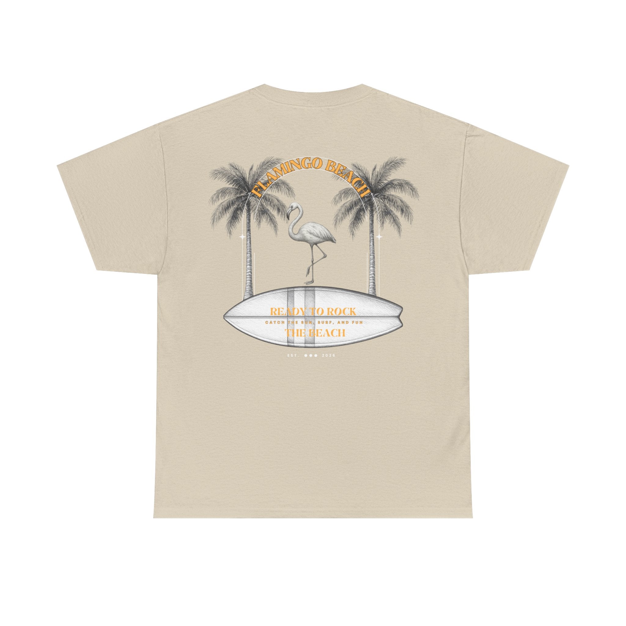 Flamingo Beach Graphic Tee — Retro Palm Tree & Surfboard Shirt