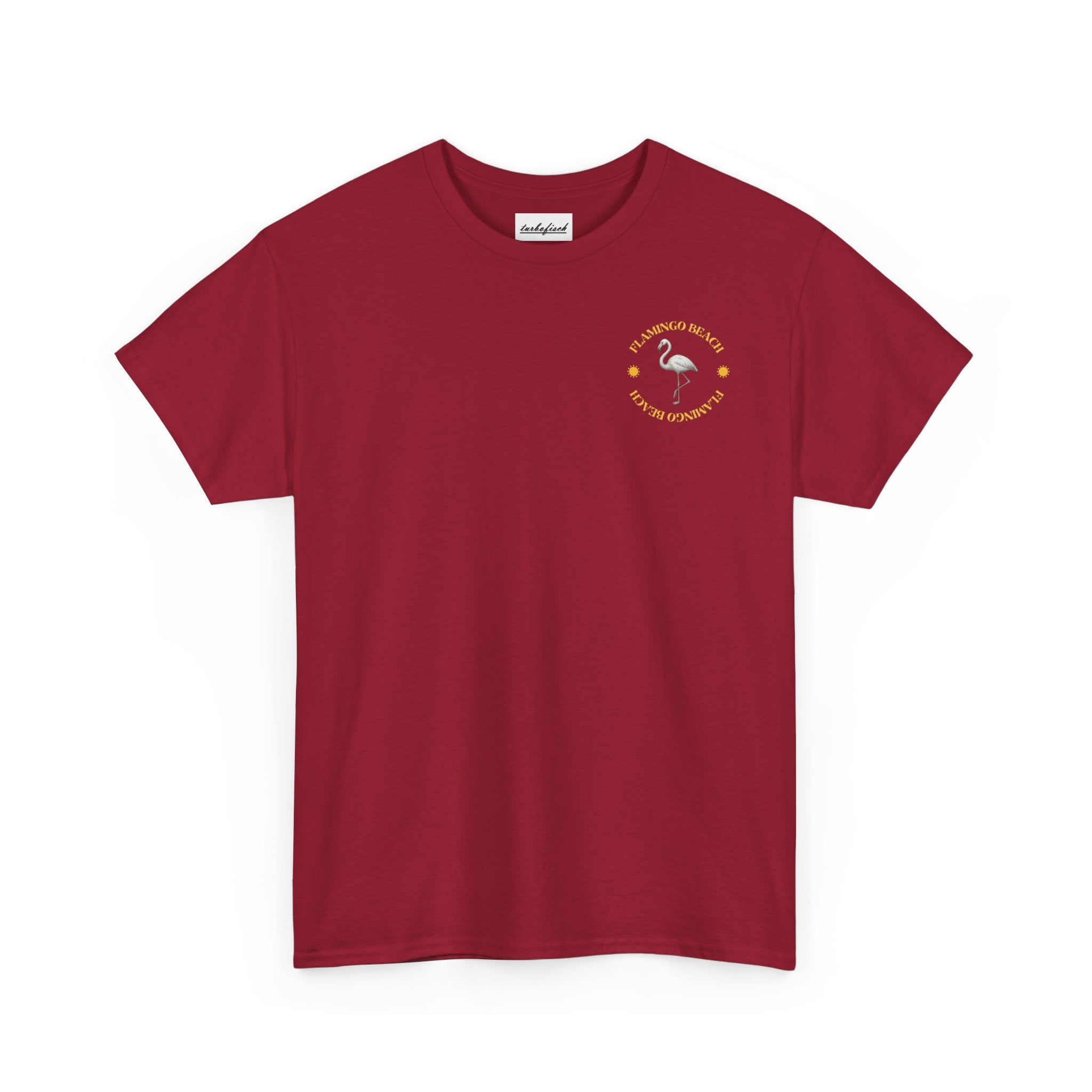 Flamingo Beach Graphic Tee — Retro Palm Tree & Surfboard Shirt