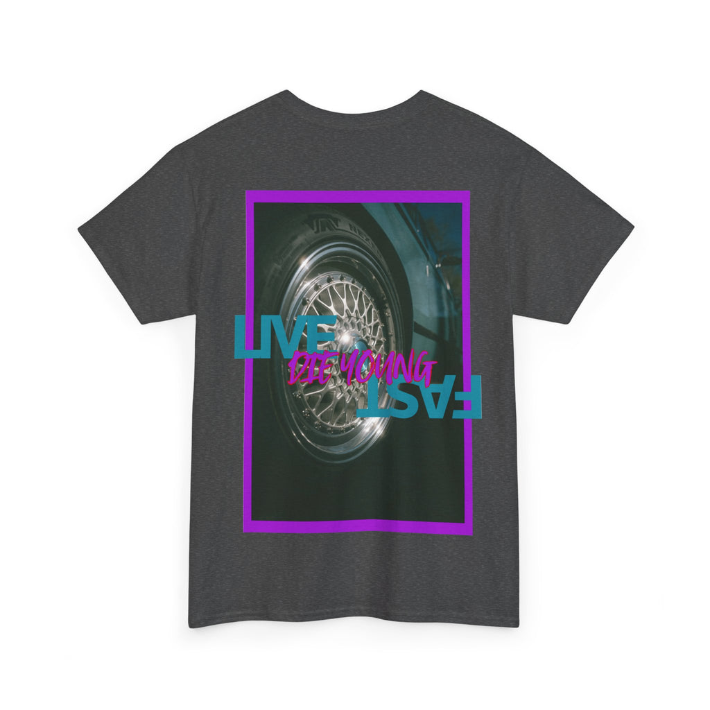 T-Shirt — Retro Wheel Photo "Live Fast, Die Young" Graphic Tee