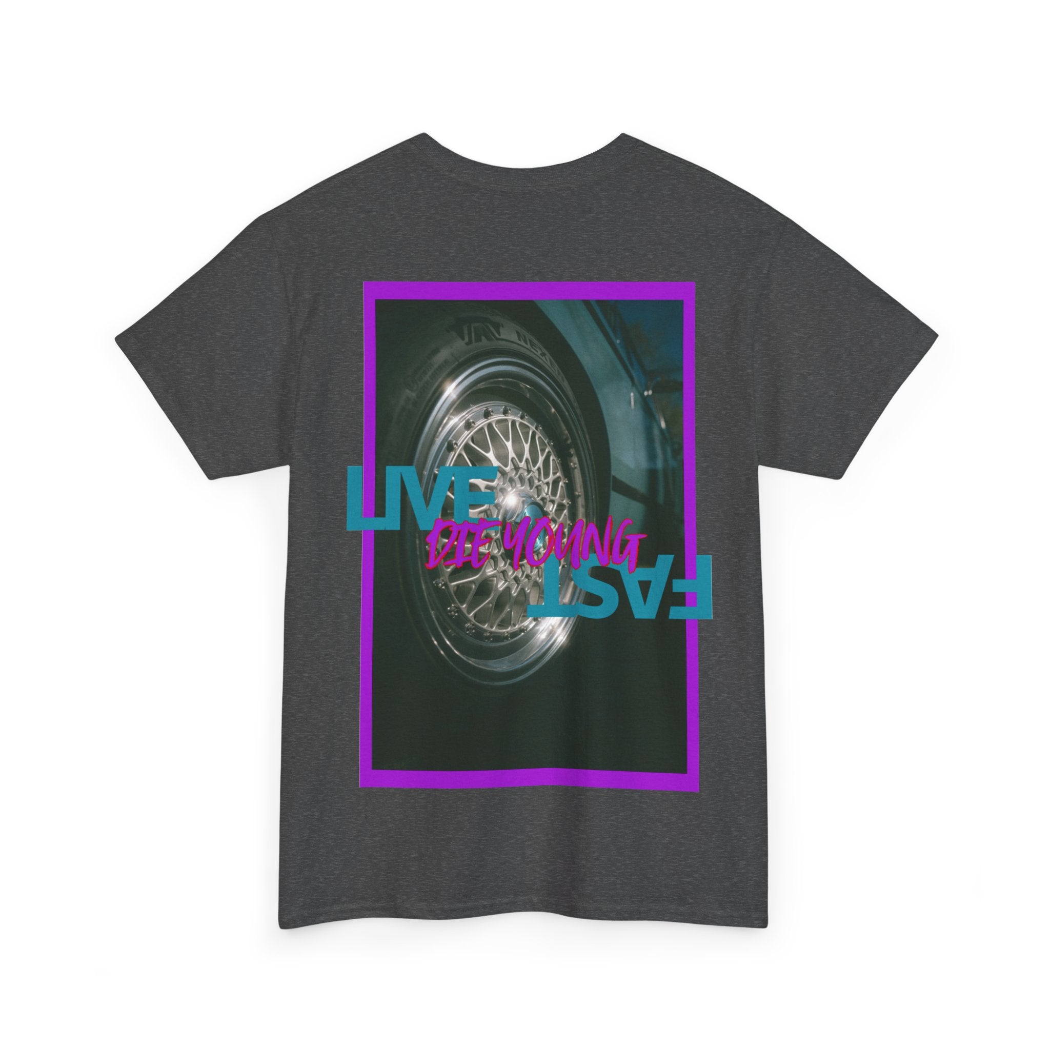 T-Shirt — Retro Wheel Photo "Live Fast, Die Young" Graphic Tee