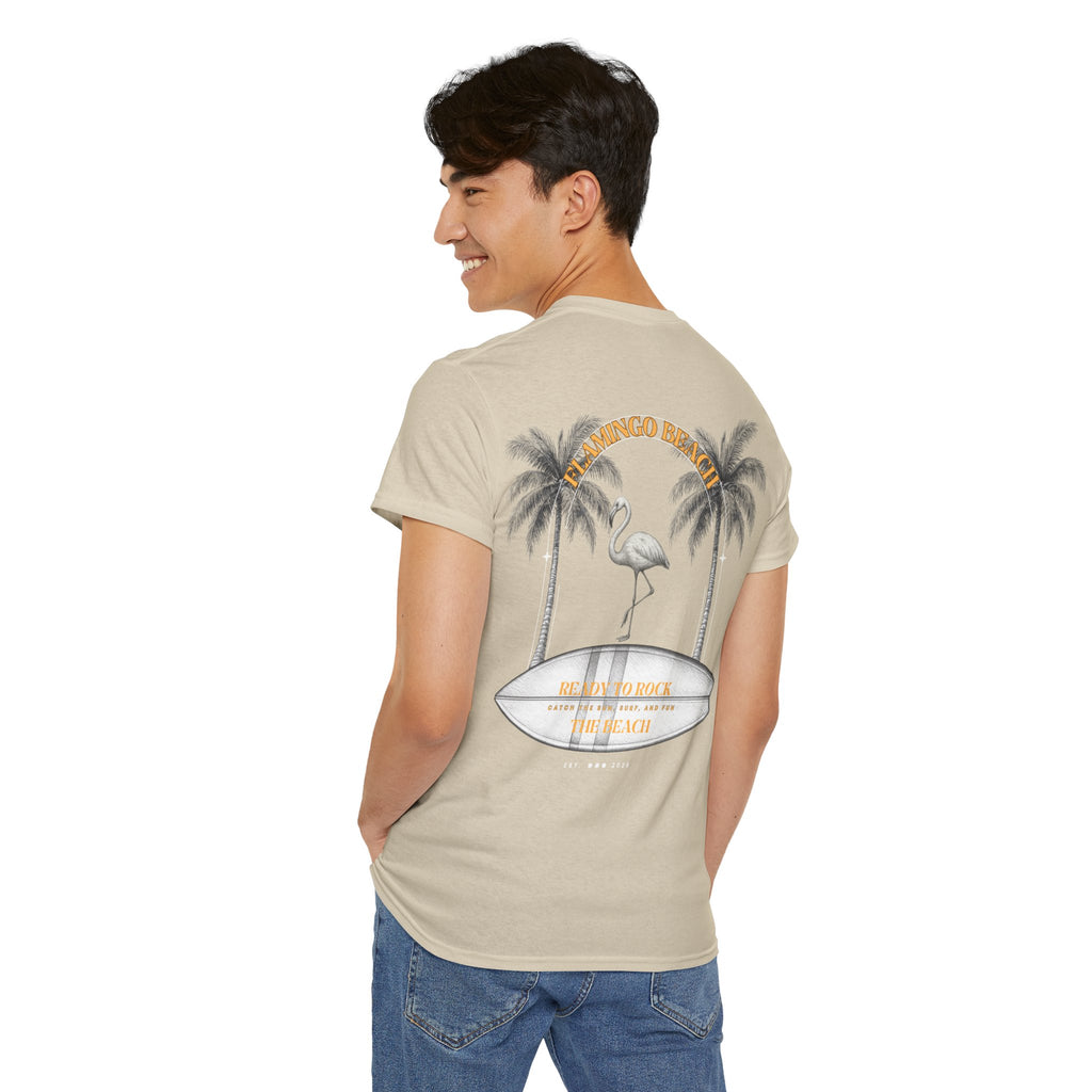 Flamingo Beach Graphic Tee — Retro Palm Tree & Surfboard Shirt