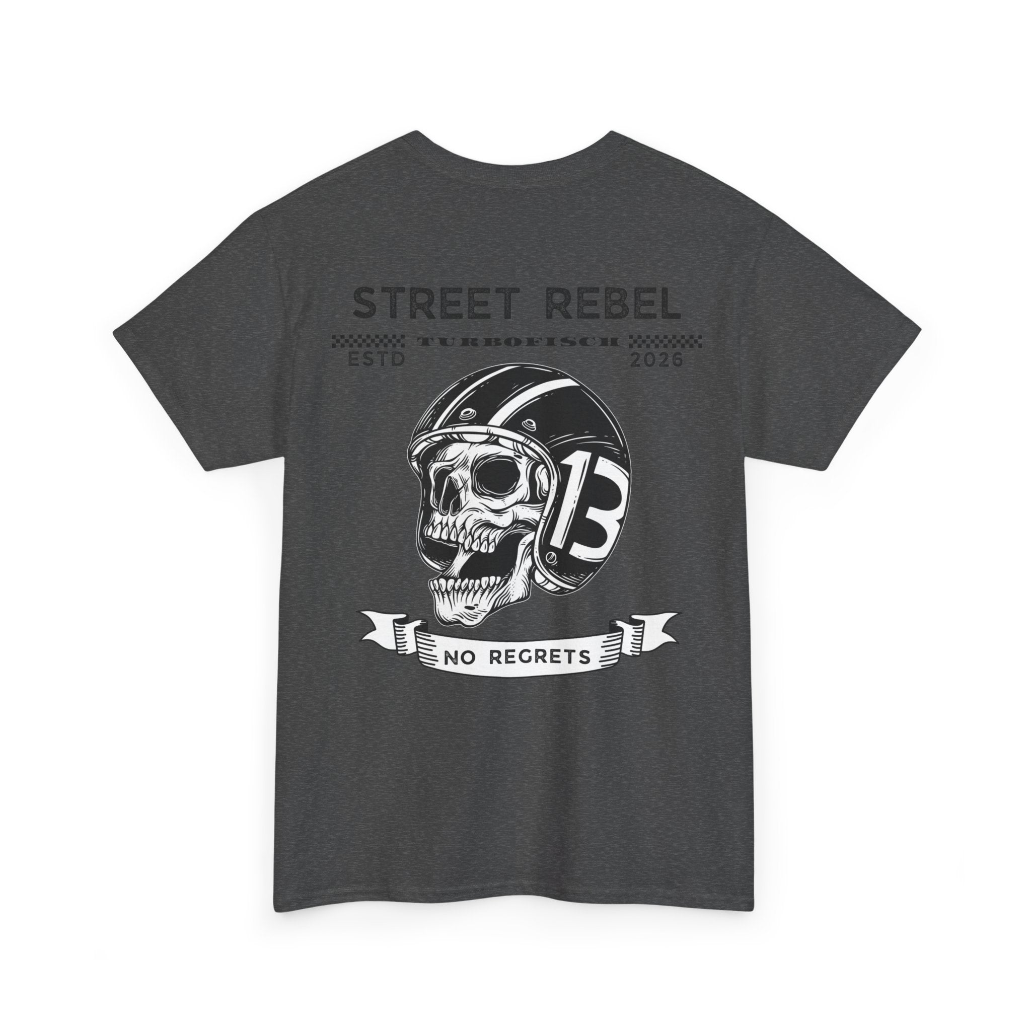 Street Rebel Skull Tee — "No Regrets" Motorcycle Graphic T-Shirt