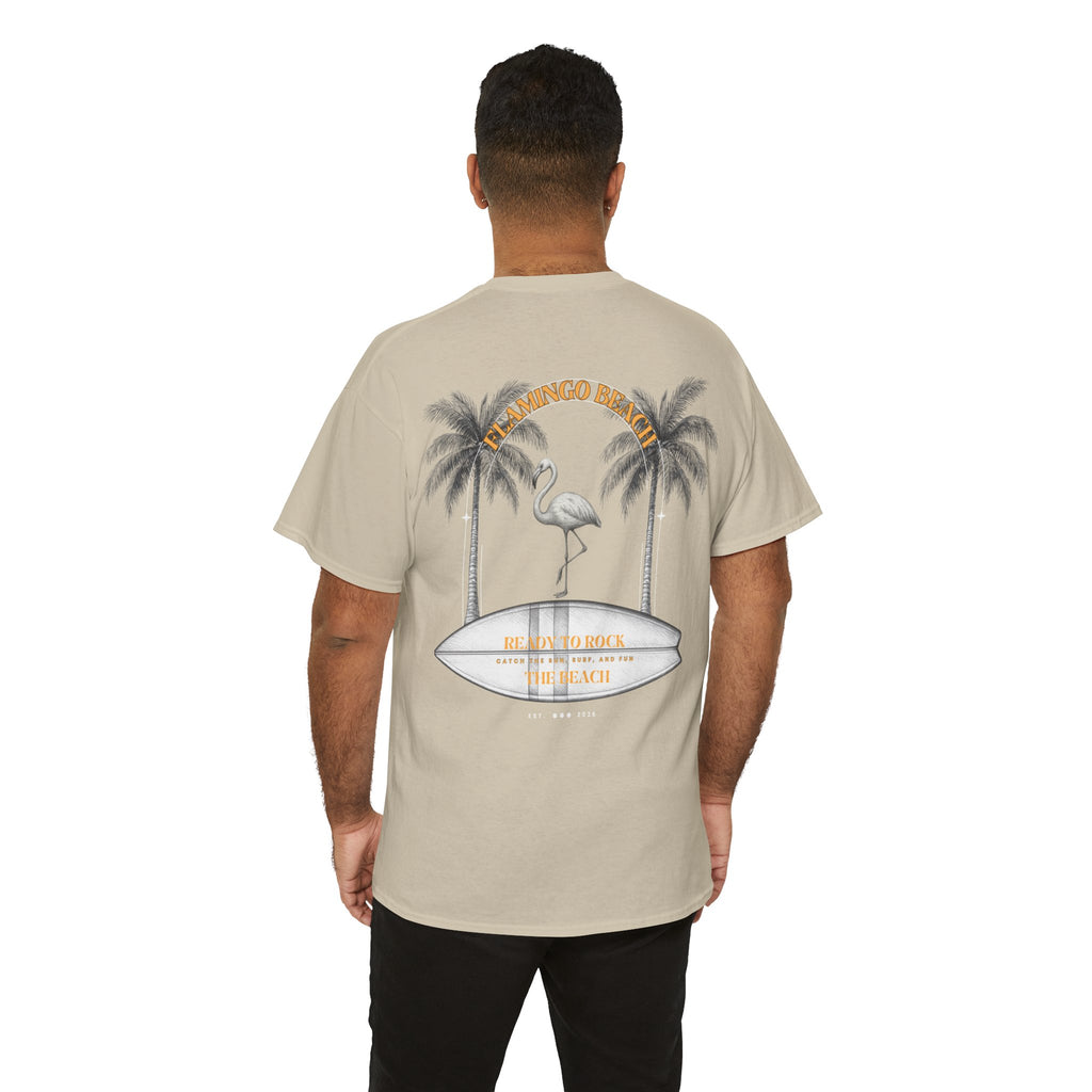 Flamingo Beach Graphic Tee — Retro Palm Tree & Surfboard Shirt