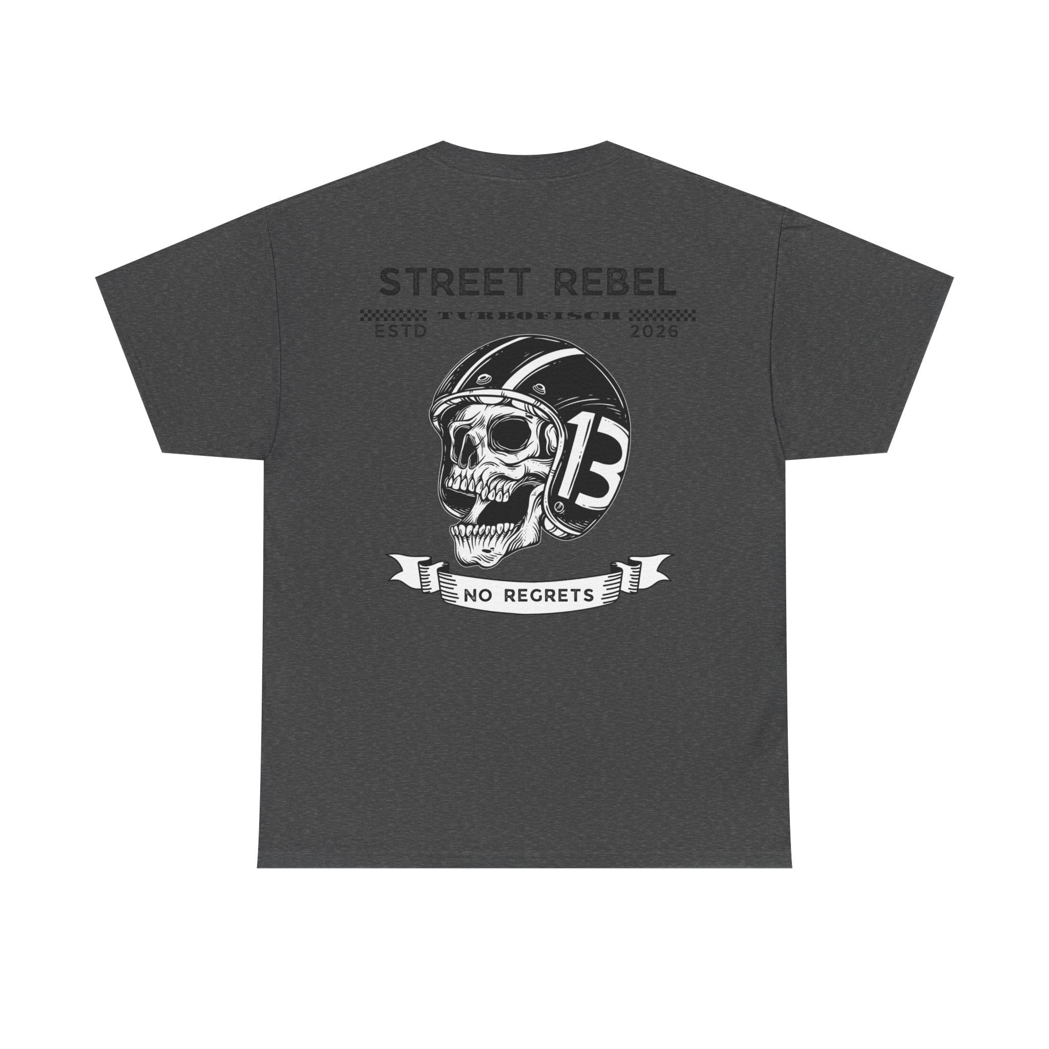 Street Rebel Skull Tee — "No Regrets" Motorcycle Graphic T-Shirt