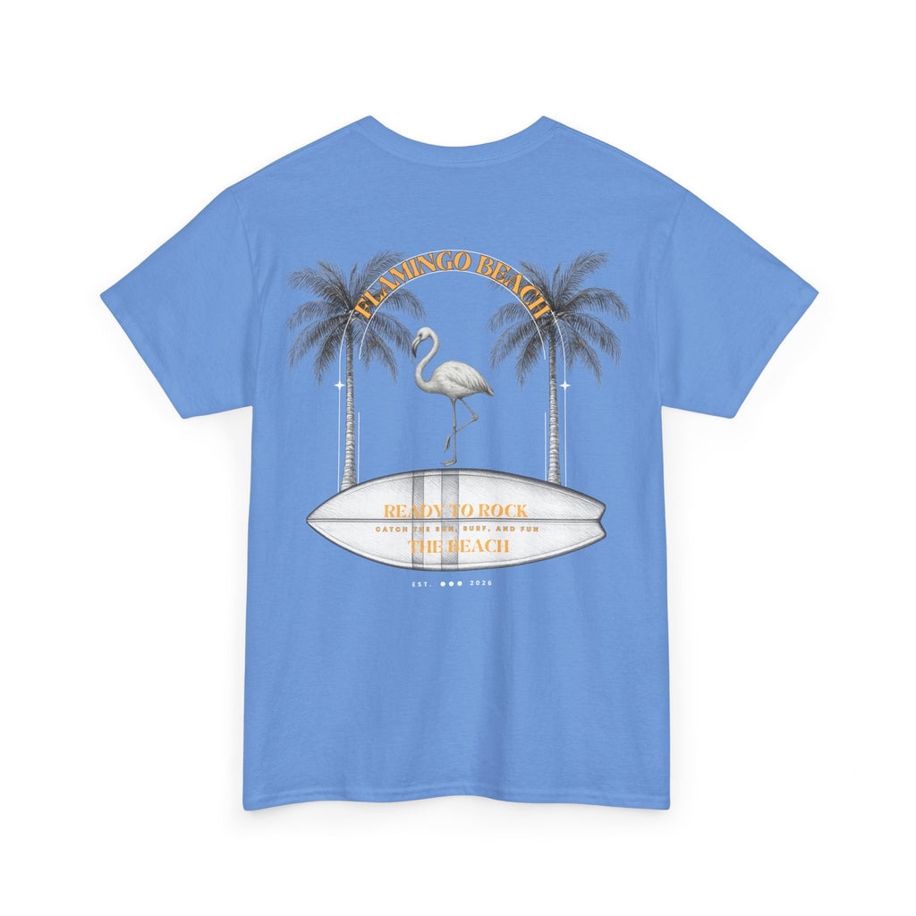 Flamingo Beach Graphic Tee — Retro Palm Tree & Surfboard Shirt