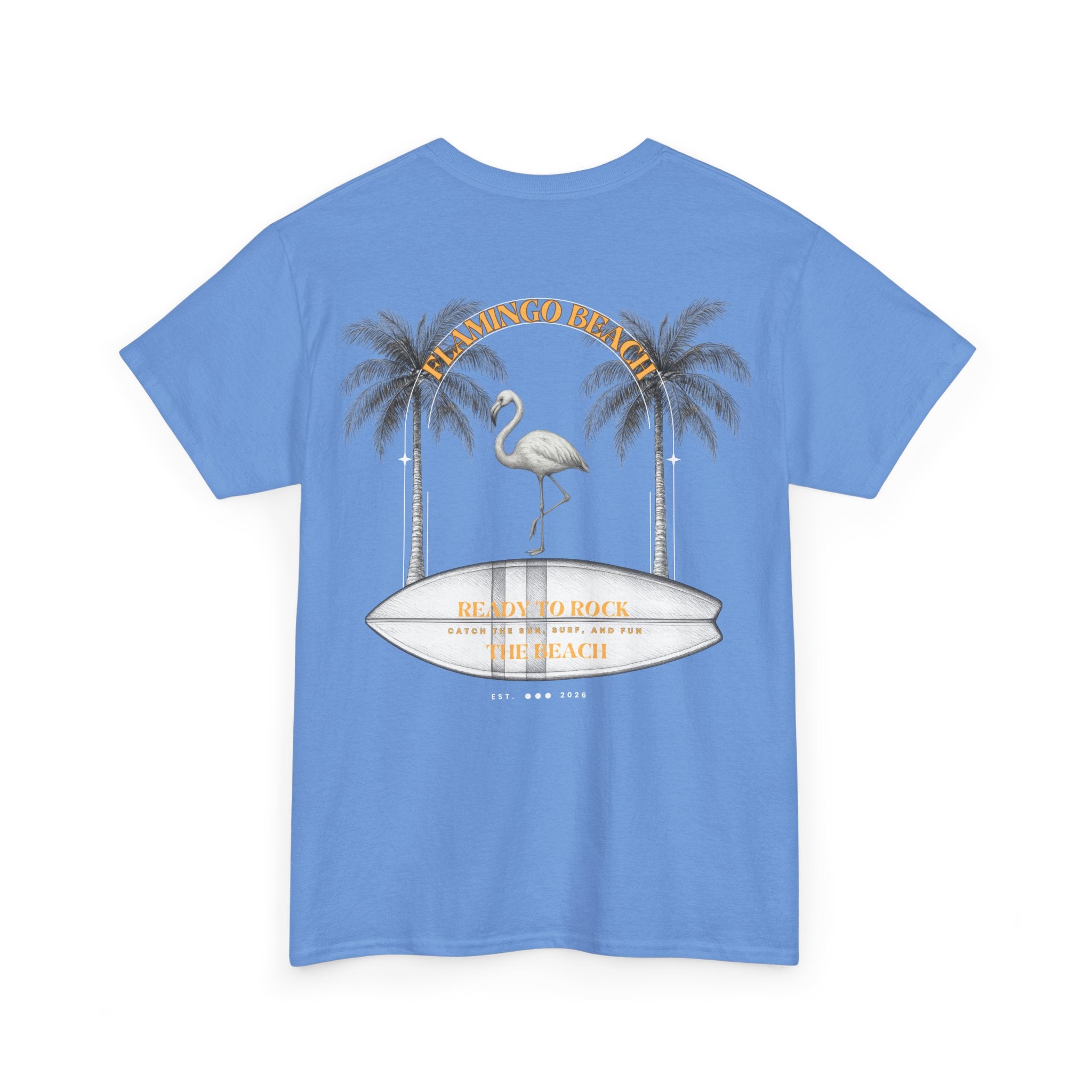 Flamingo Beach Graphic Tee — Retro Palm Tree & Surfboard Shirt
