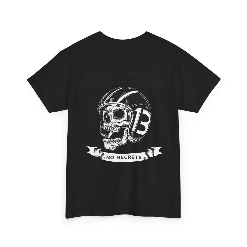 Street Rebel Skull Tee — "No Regrets" Motorcycle Graphic T-Shirt
