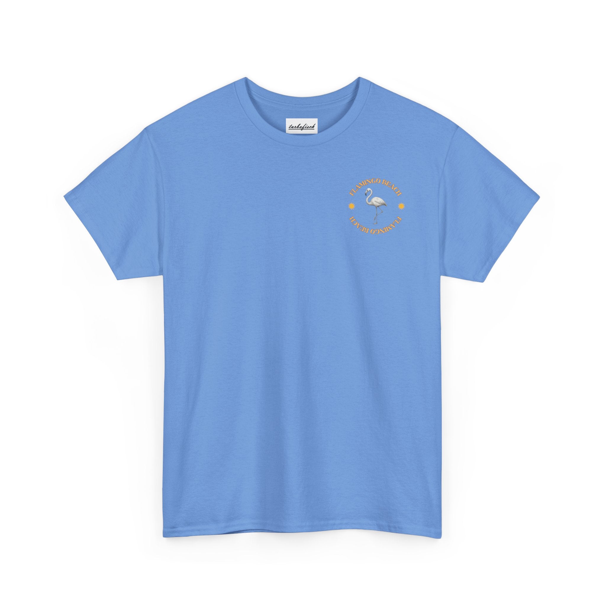Flamingo Beach Graphic Tee — Retro Palm Tree & Surfboard Shirt