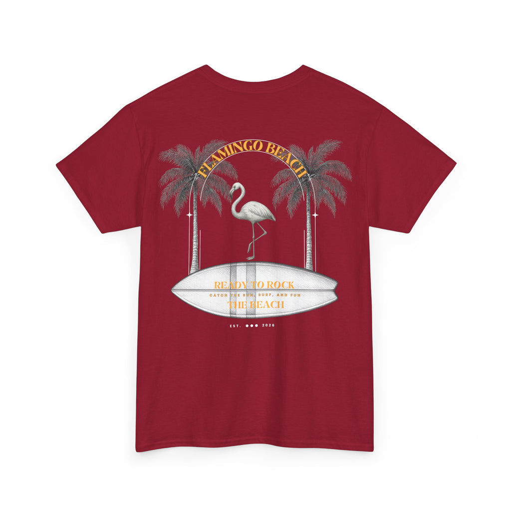 Flamingo Beach Graphic Tee — Retro Palm Tree & Surfboard Shirt