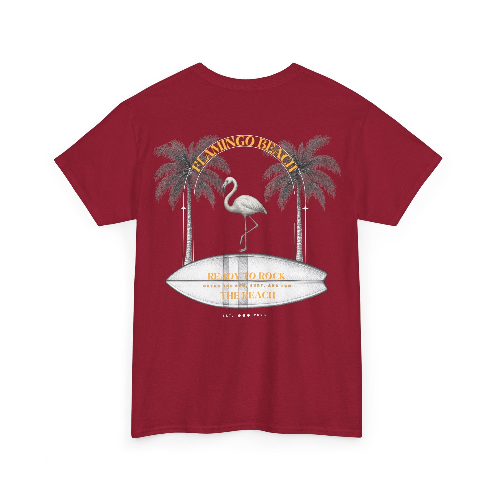 Flamingo Beach Graphic Tee — Retro Palm Tree & Surfboard Shirt
