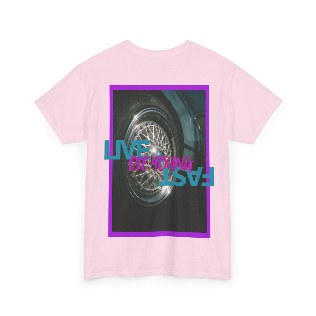T-Shirt — Retro Wheel Photo "Live Fast, Die Young" Graphic Tee