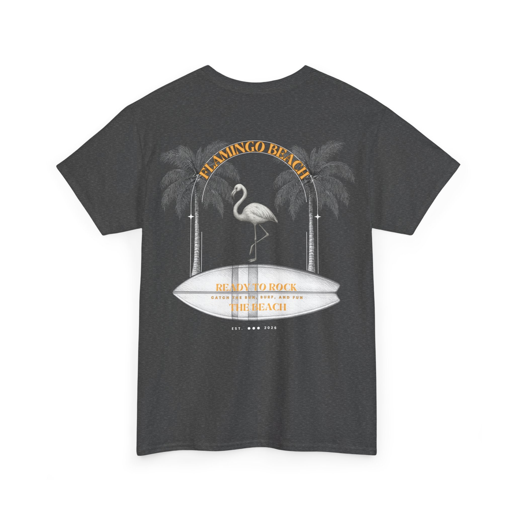 Flamingo Beach Graphic Tee — Retro Palm Tree & Surfboard Shirt