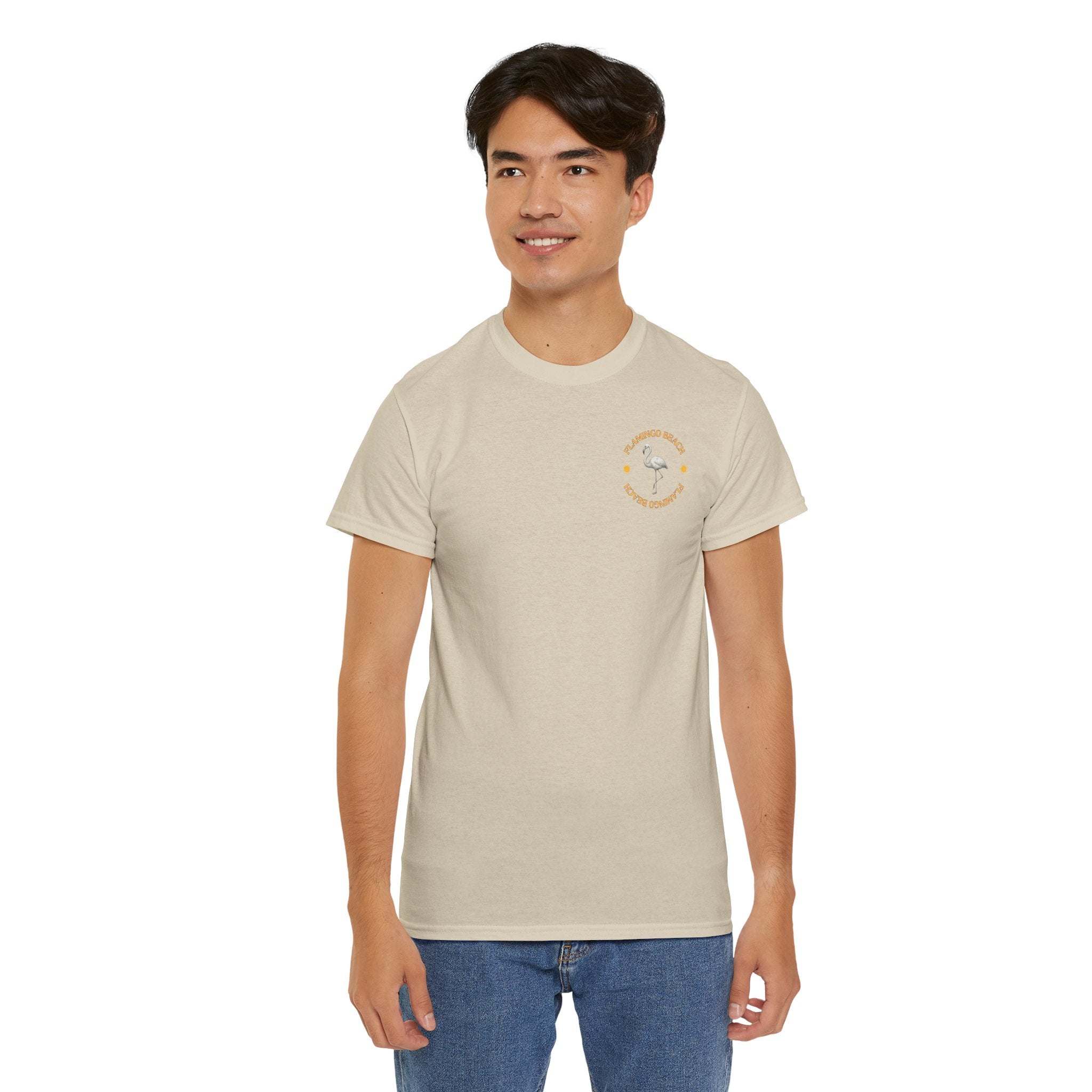 Flamingo Beach Graphic Tee — Retro Palm Tree & Surfboard Shirt