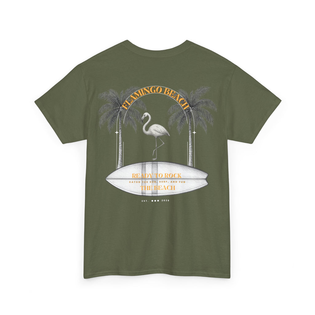 Flamingo Beach Graphic Tee — Retro Palm Tree & Surfboard Shirt