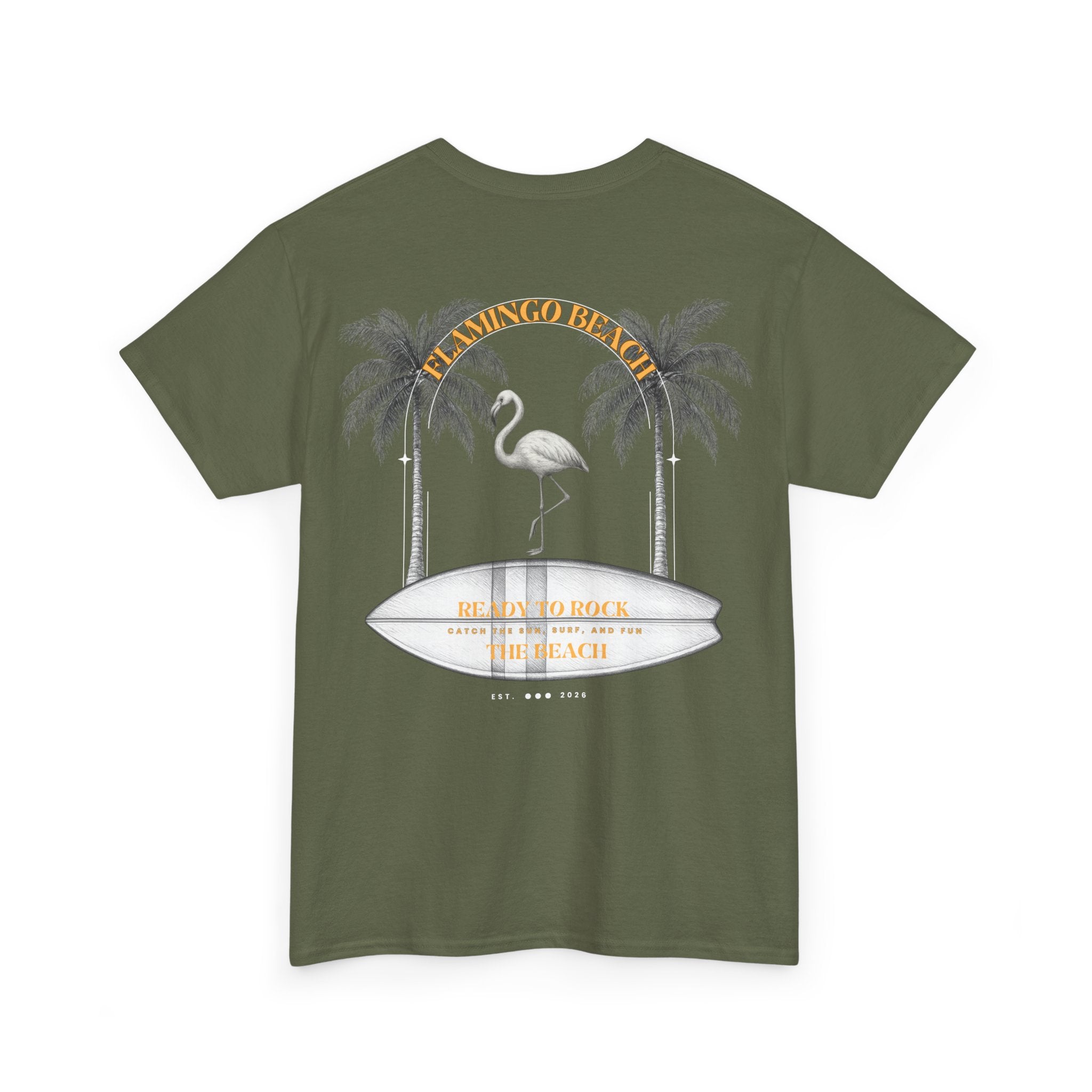 Flamingo Beach Graphic Tee — Retro Palm Tree & Surfboard Shirt