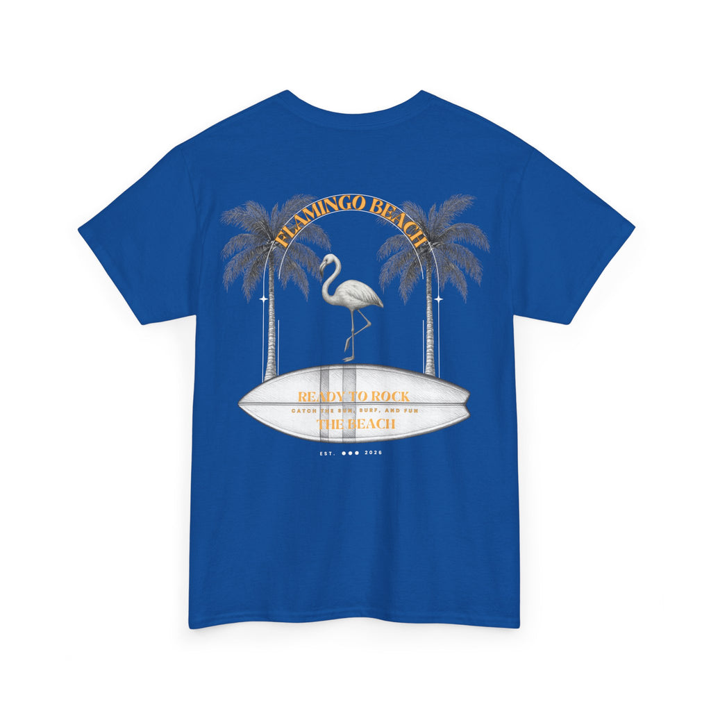 Flamingo Beach Graphic Tee — Retro Palm Tree & Surfboard Shirt
