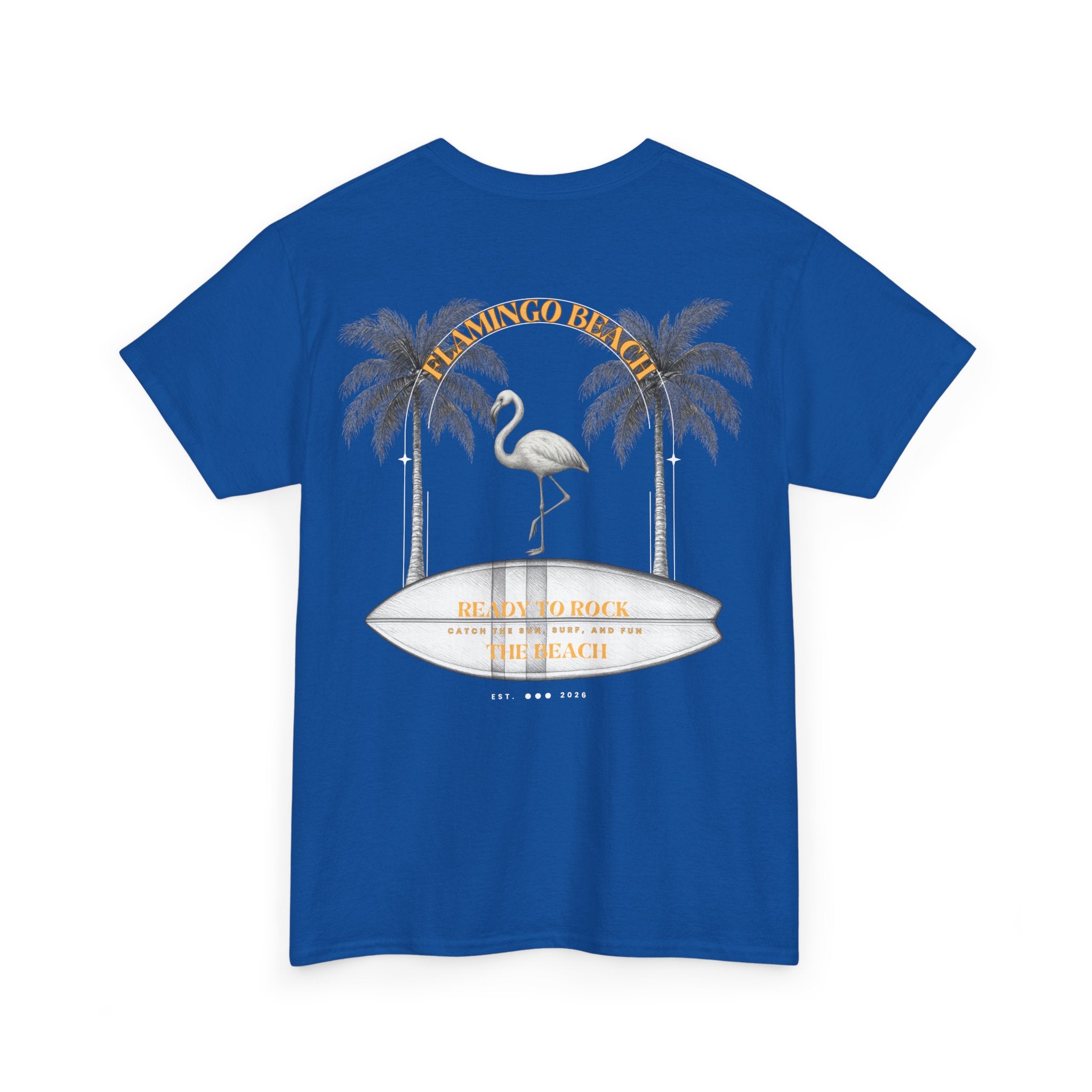 Flamingo Beach Graphic Tee — Retro Palm Tree & Surfboard Shirt