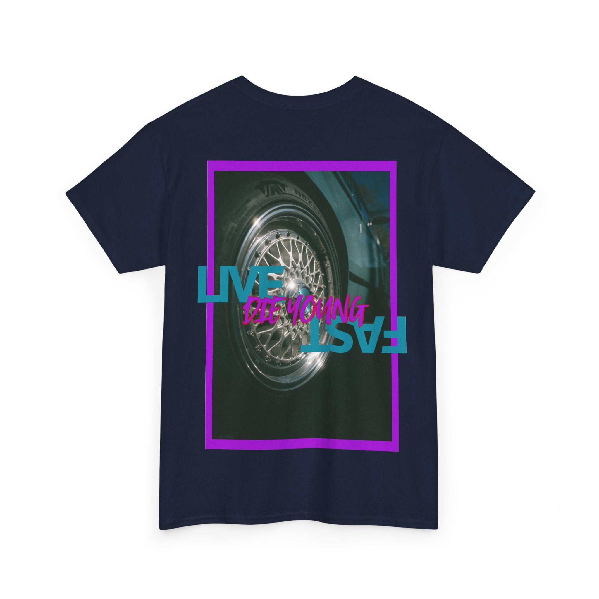 T-Shirt — Retro Wheel Photo "Live Fast, Die Young" Graphic Tee