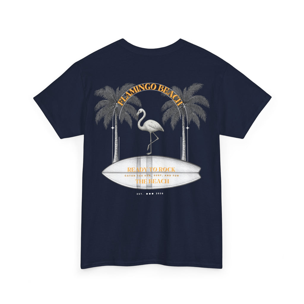 Flamingo Beach Graphic Tee — Retro Palm Tree & Surfboard Shirt