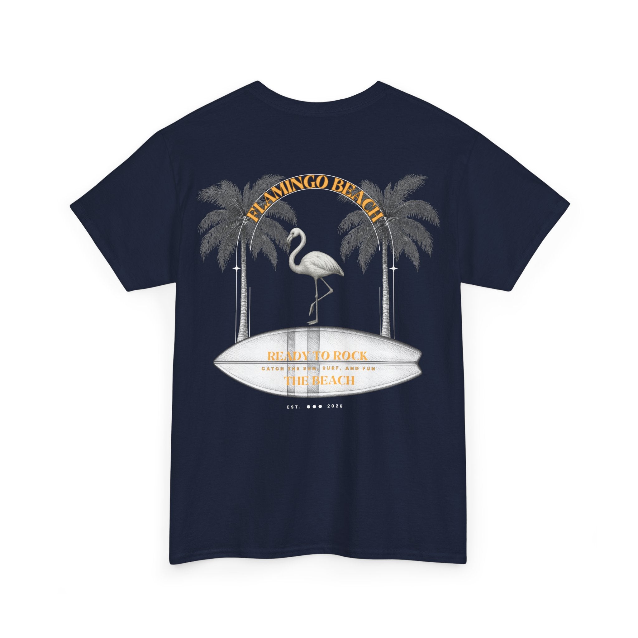 Flamingo Beach Graphic Tee — Retro Palm Tree & Surfboard Shirt