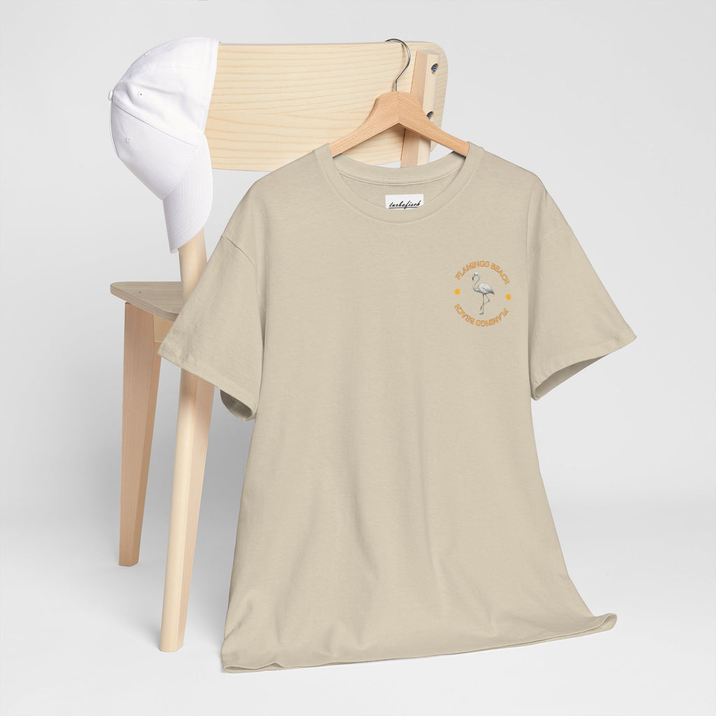Flamingo Beach Graphic Tee — Retro Palm Tree & Surfboard Shirt