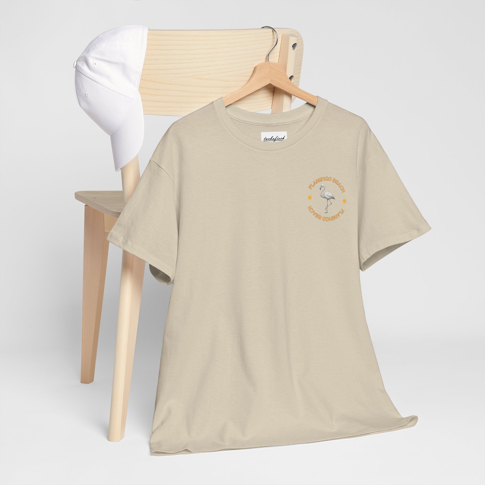 Flamingo Beach Graphic Tee — Retro Palm Tree & Surfboard Shirt