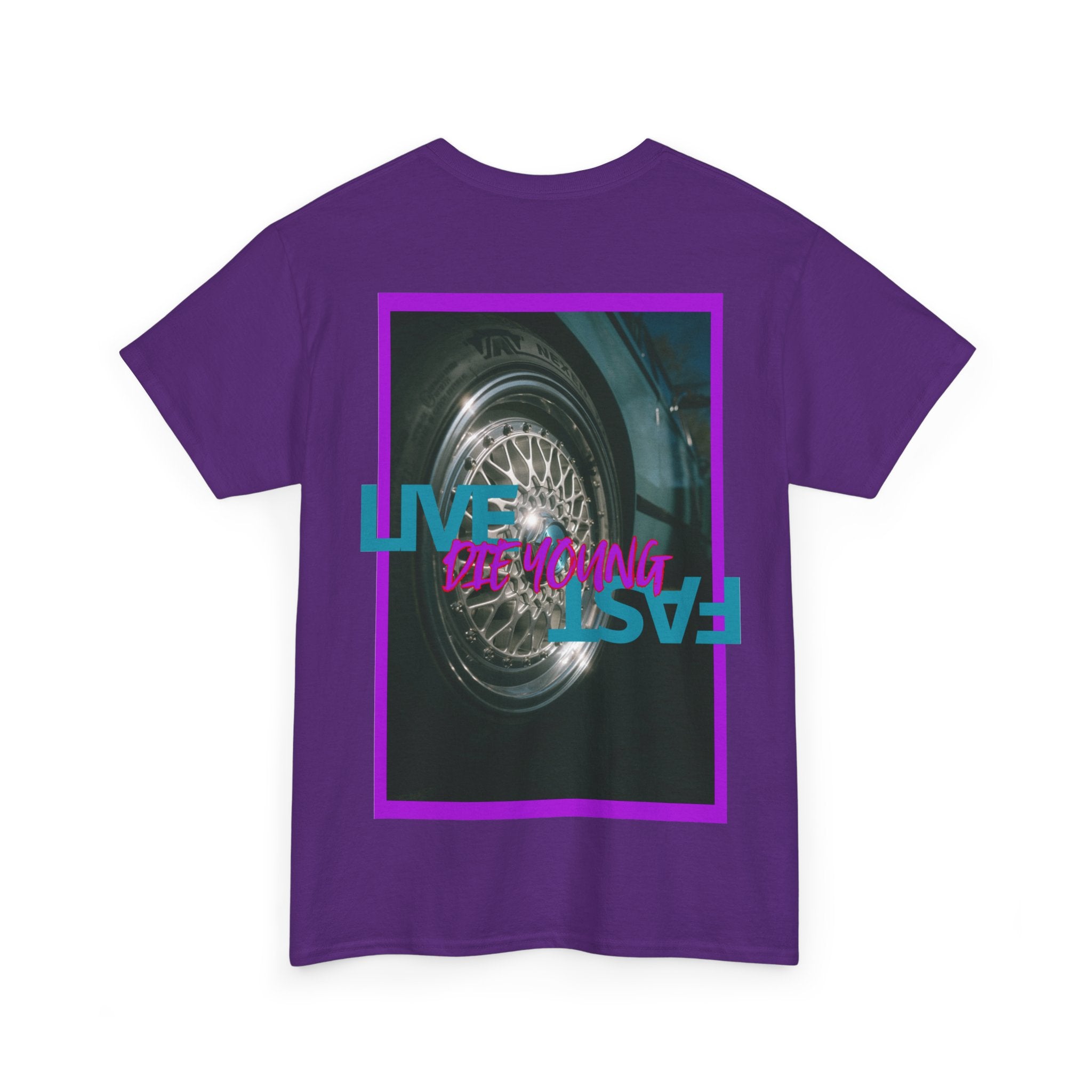 T-Shirt — Retro Wheel Photo "Live Fast, Die Young" Graphic Tee