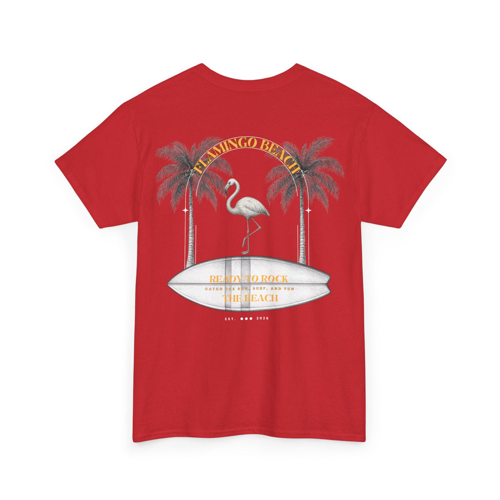 Flamingo Beach Graphic Tee — Retro Palm Tree & Surfboard Shirt