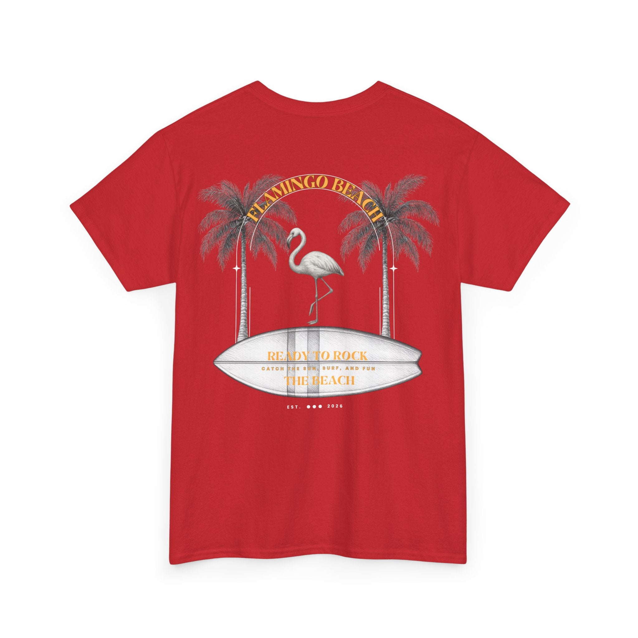 Flamingo Beach Graphic Tee — Retro Palm Tree & Surfboard Shirt