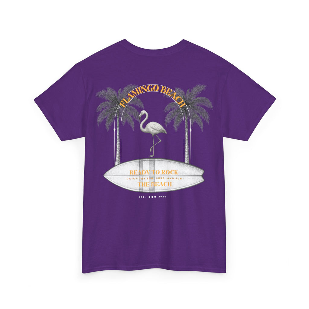 Flamingo Beach Graphic Tee — Retro Palm Tree & Surfboard Shirt