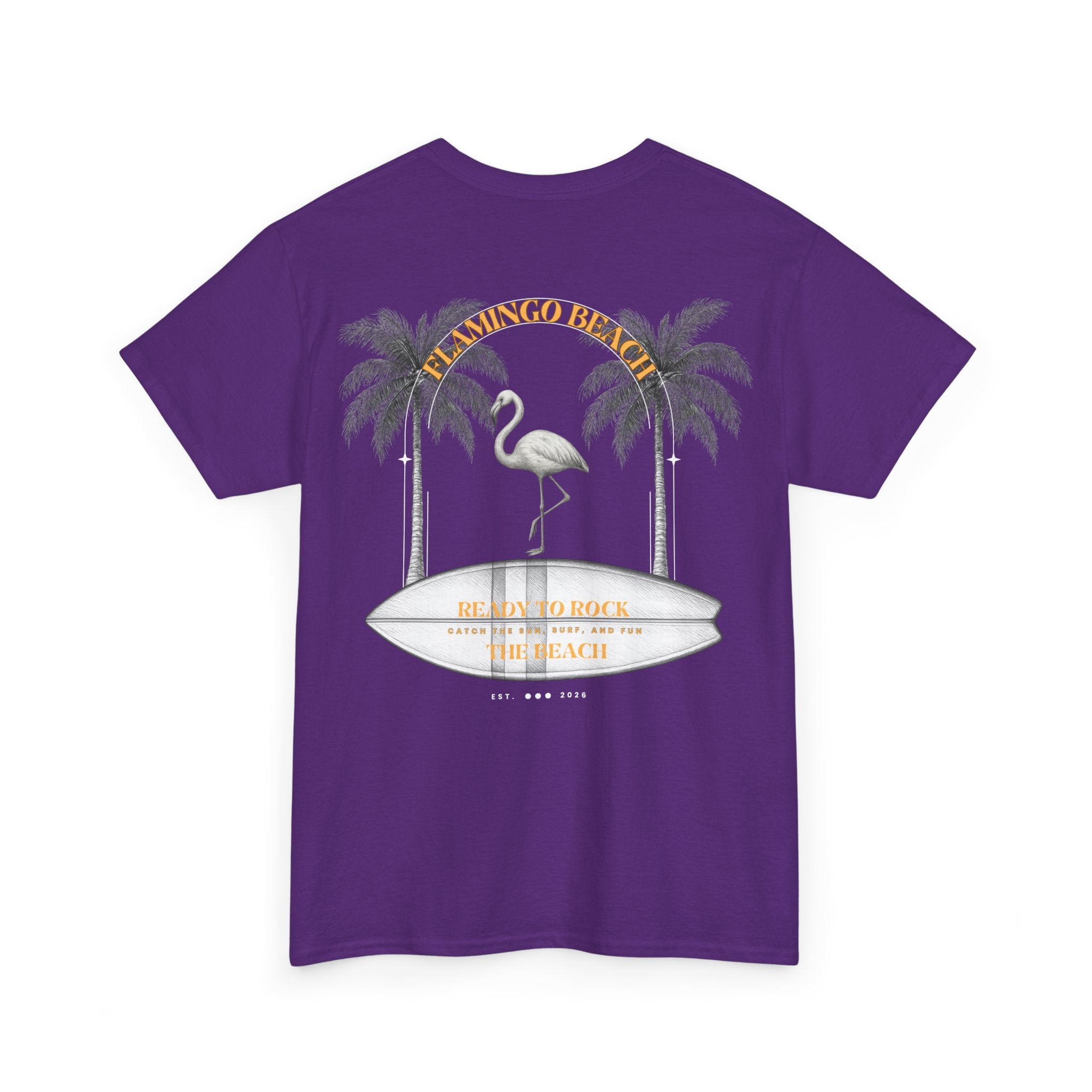 Flamingo Beach Graphic Tee — Retro Palm Tree & Surfboard Shirt