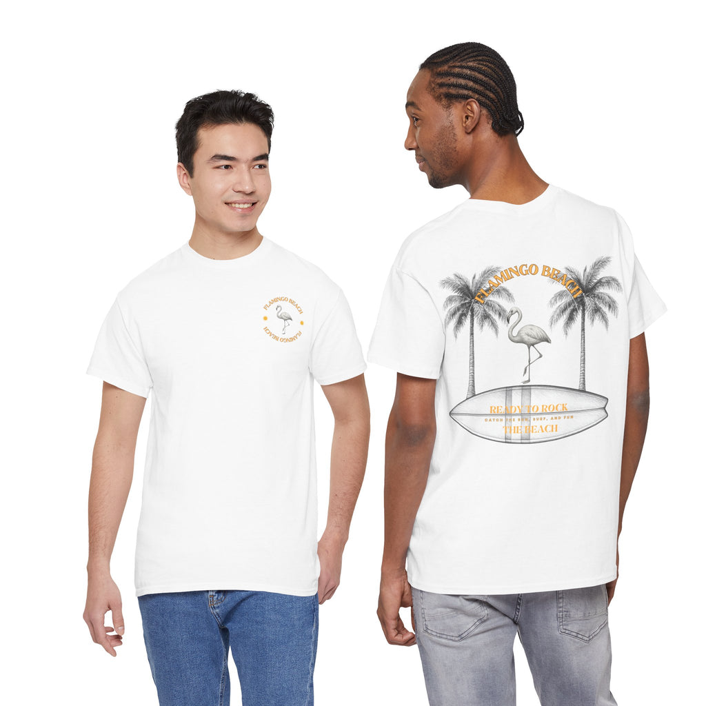 Flamingo Beach Graphic Tee — Retro Palm Tree & Surfboard Shirt