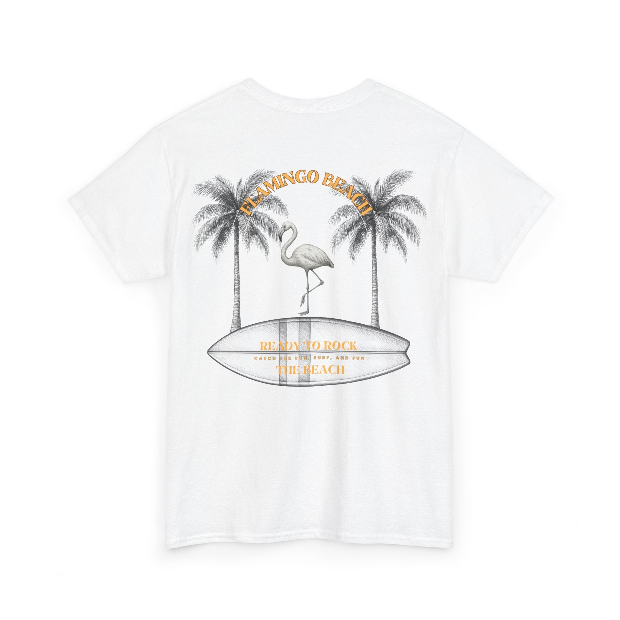 Flamingo Beach Graphic Tee — Retro Palm Tree & Surfboard Shirt