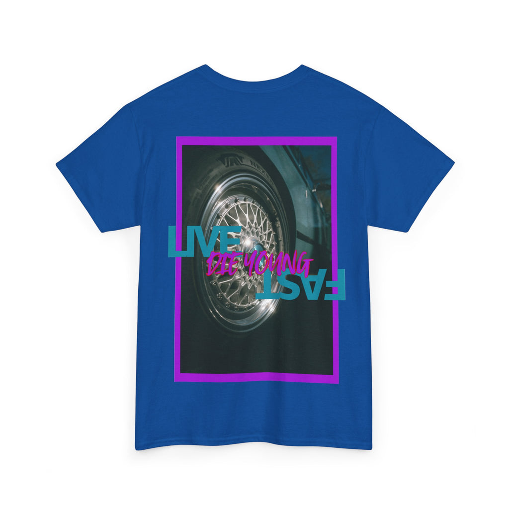 T-Shirt — Retro Wheel Photo "Live Fast, Die Young" Graphic Tee