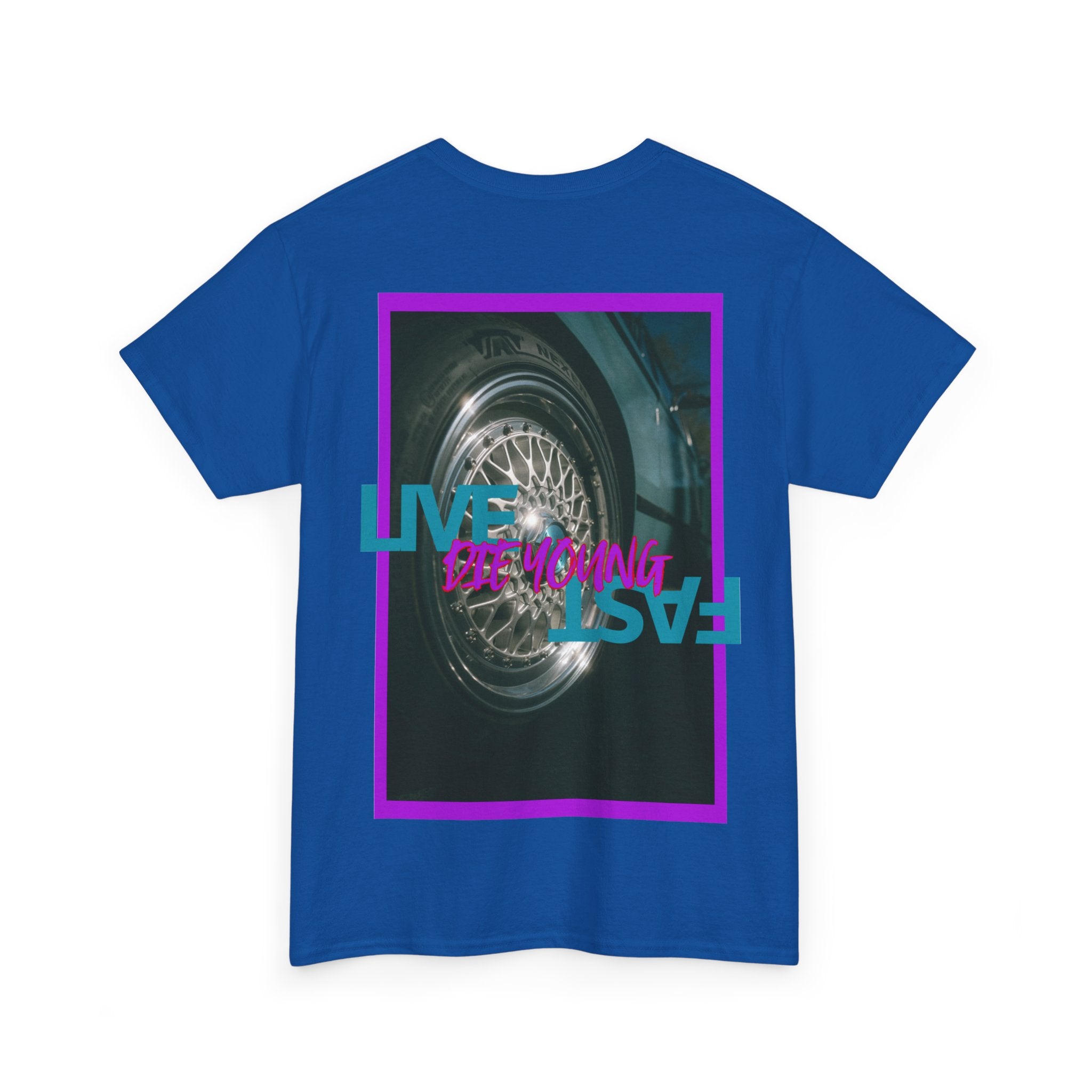 T-Shirt — Retro Wheel Photo "Live Fast, Die Young" Graphic Tee